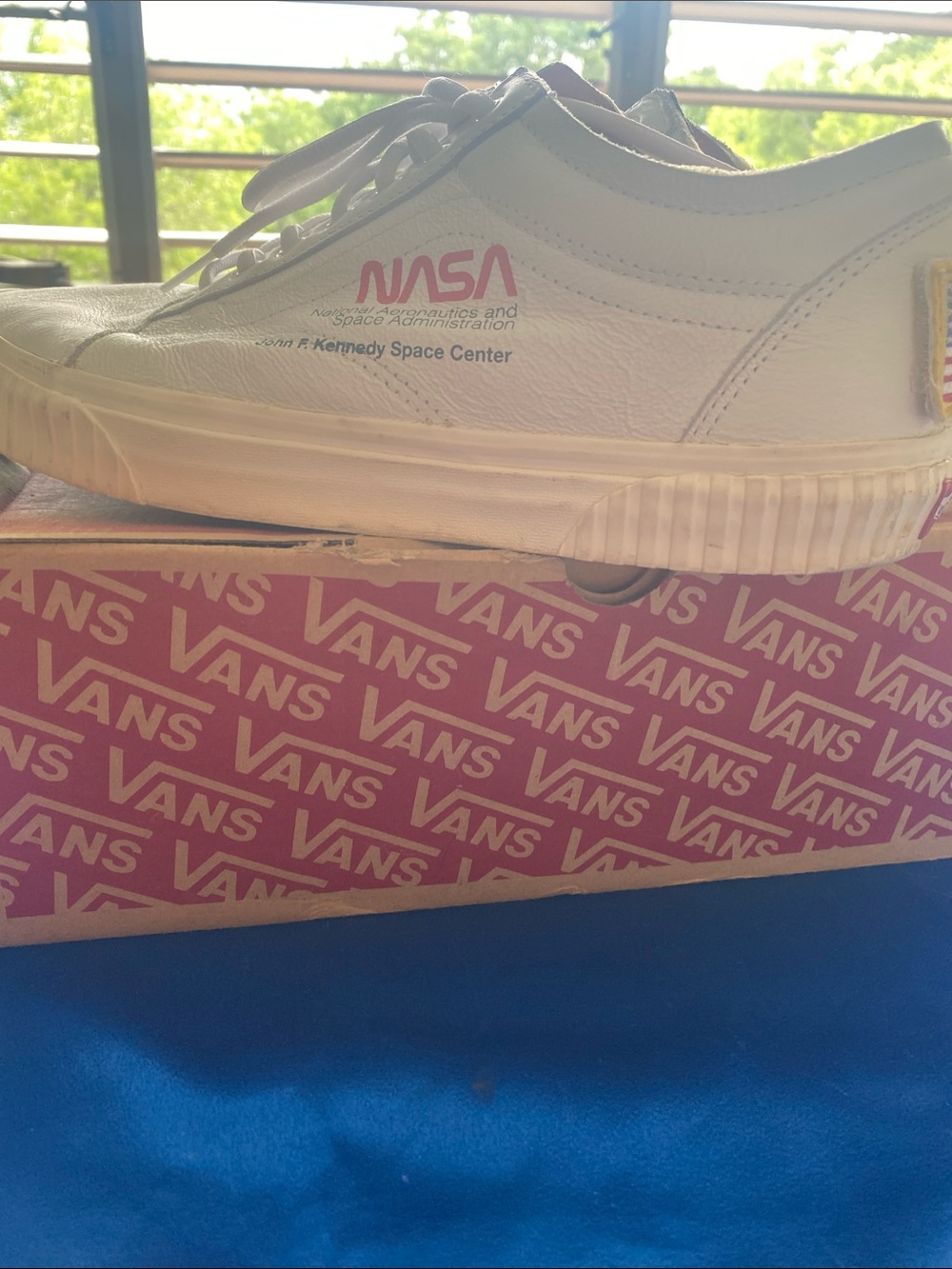 Vans White Leather NASA Logo Low-Top Sneakers with Red Accent